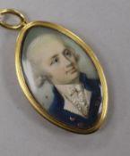 A George IV yellow metal mounted painted miniature mourning pendant, the back inscribed 'Robt Pott