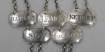 Five George III and later silver sauce labels; Ketchup - Susannah Barker, n.d.Lemon - Phipps &