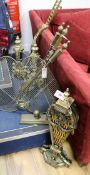 A brass and ormolu 'fan' fire screen and other items of chimney furniture