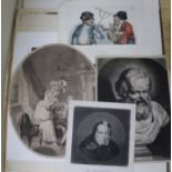 A folio of miscellaneous engravings, mainly portraits largest 36 x 25cm