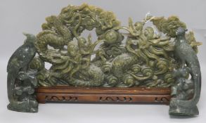 A large Chinese soapstone carving and two soapstone birds W.43cm. H.2cm.