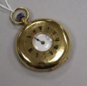 An 18ct gold-cased half-hunter pocket watch, having white enamelled Roman dial with subsidiary