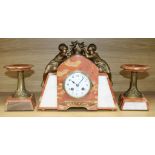 A rouge marble figurative Art Deco clock garniture clock width 30cm height 26cm
