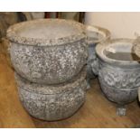 A pair of reconstituted stone planters raised on claw feet and another pair of planters, H 44cm &