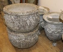 A pair of reconstituted stone planters raised on claw feet and another pair of planters, H 44cm &