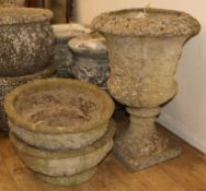 A pair of reconstituted stone circular planters and a campana-shaped urn, H 22cm & 66cm