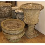 A pair of reconstituted stone circular planters and a campana-shaped urn, H 22cm & 66cm