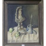 L. Goosens, oil on panel, still life of a bust and apples, signed, 49 x 38cm