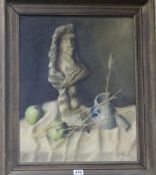 L. Goosens, oil on panel, still life of a bust and apples, signed, 49 x 38cm