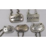 Five George III and later silver sauce labels; Cayenne - John Reily, London 1814Soy - James Perry,