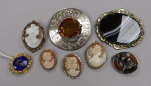 Eight assorted 19ct century and later brooches, including diamond and enamel, agate and cameo.