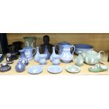 A collection of Wedgwood Jasperware, etc., in green, pale blue, dark blue and black colourways,