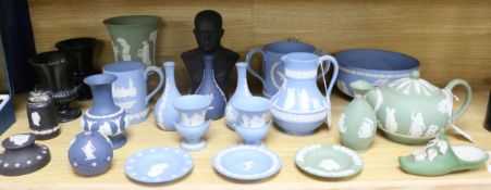 A collection of Wedgwood Jasperware, etc., in green, pale blue, dark blue and black colourways,