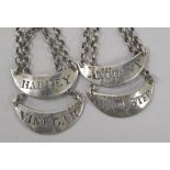 A set of 4 Victorian silver sauce labels by Charles Stuart Harris Anchovy, Harvey, Vinegar &