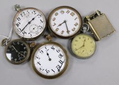 Five assorted pocket watches and a Dunhill lighter.