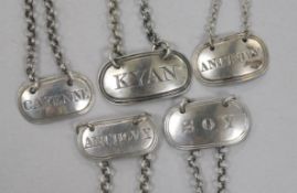 Five George III and later silver sauce labels; Anchovy - Eliz Morley mark only, c.1798Kyan - Eliz