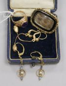 A pair of 18ct gold drop earrings, a similar 9ct gold and gem set pair, a 19th century yellow