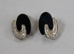 A stylish pair of 18ct gold, diamond and black onyx? ear clips, 20mm.