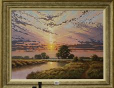 English School, oil on board, Sunset over river, indistinctly signed, 45 x 60cm