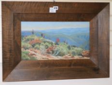 Mrs K du P. Blore, oil on board, Distant hills, Grahams Town, South Africa, signed, 24 x 44cm