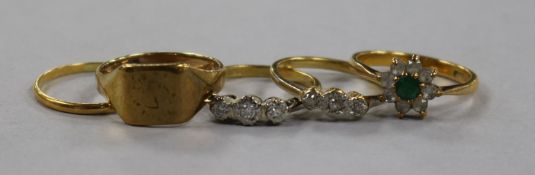 A 22ct gold band, two 18ct gold and gem set rings and two 9ct gold rings.