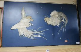 A Japanese lacquer panel depicting cock fighting