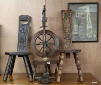 A pair of spinning chairs, a spinning wheel and a pastel entitled 'The Spinning Wheel'