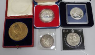 A 1736 Jernegan's lottery silver medal, two proof silver coins, 1902 medal etc
