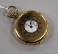 A 1920's J.W. Benson 9ct gold half hunter keyless lever pocket watch.