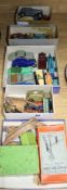 Various pre-war Dinky cars, tinplate toys, two mickey mouse felt toys, boxed street gas lamp etc