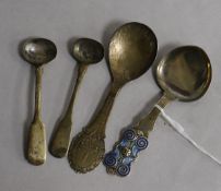 A stylish Norwegian silver and enamelled spoon and three other silver spoons