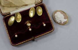 A pair of 18ct and seed pearl cufflinks ( one pearl missing) and four similar dress studs and a