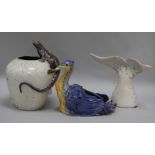 A Studio pottery lizard vase, a model of a cormorant, and a raku whale tail vase height 22cm