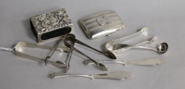 A silver cigaretter case, a silver match sleeve, a pair of silver butter knives, four pairs of