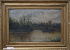 H. Stanton, oil on canvas, Angler and ducks on a pond, signed and dated 1892, 35 x 54cm