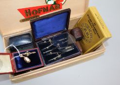 A collection of leather jewellery boxes, small amount of gold jewellery etc