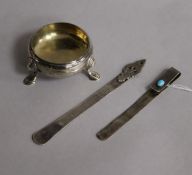 An Edwardian silver and turquoise book mark, a similar French bookmark and a Georgian silver salt.