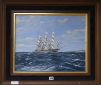 R. Bromley, oil on board, Three master off the coast, signed, 40 x 50cm