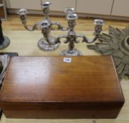 A pair of plated candelabra and a wooden box candelabra height 26cm width 32cm