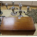 A pair of plated candelabra and a wooden box candelabra height 26cm width 32cm