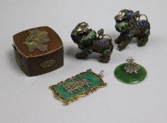 Two enamel and silver Dogs of Fo, a box and two pendants