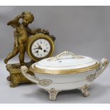 A gilt putti mantel clock and a tureen and cover clock height 40cm