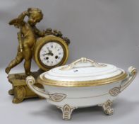 A gilt putti mantel clock and a tureen and cover clock height 40cm