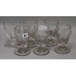 A set of four early half pint glasses and another square base glass height 14.5cm