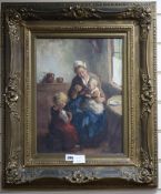 19th century Dutch South African School, oil on canvas, Interior with a mother feeding a baby, a