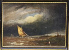 Norwich School, oil on canvas, Sail barge off the coast, 17 x 25cm