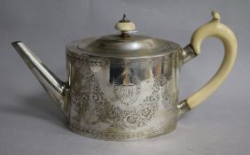 A George III silver oval teapot by Aldridge & Green, London, 1783, gross 16 oz.