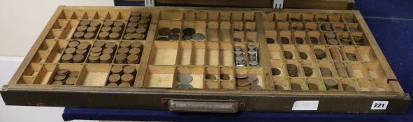 A printers tray, together with a large collection of English coinage