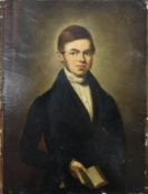 19th century English School, oil on board, Portrait of a young man holding a book, 20 x 15cm,