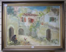 Italian School, oil on canvas, Figure feeding chickens in a courtyard, indistinctly signed, 60 x